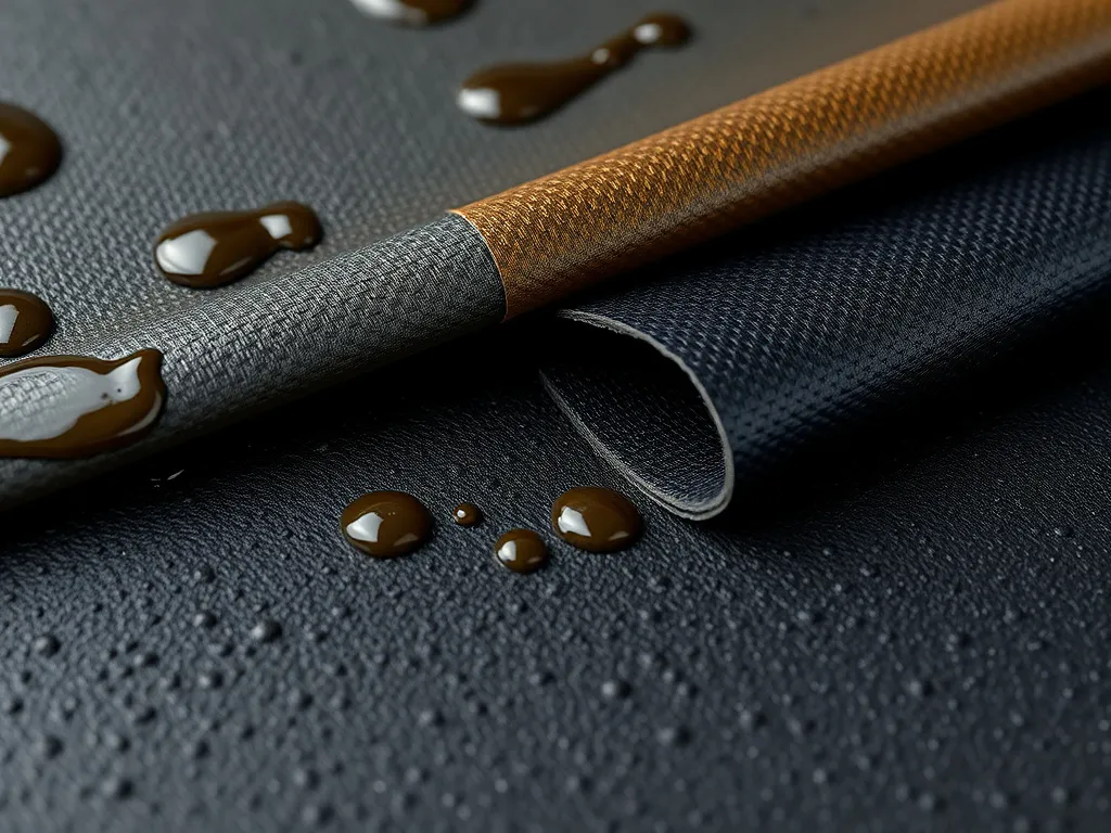 Close-up of geomembrane materials showing chemical resistance, photorealistic, highly detailed, demonstrating resistance to oils, brines, surfactants, industrial chemistry