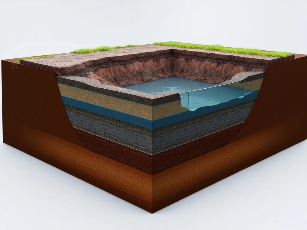 Cross-section of mud pit lined with geomembrane, detailed, professional rendering, layers showing barriers to prevent leakage into soil and groundwater, environmental safety emphasized