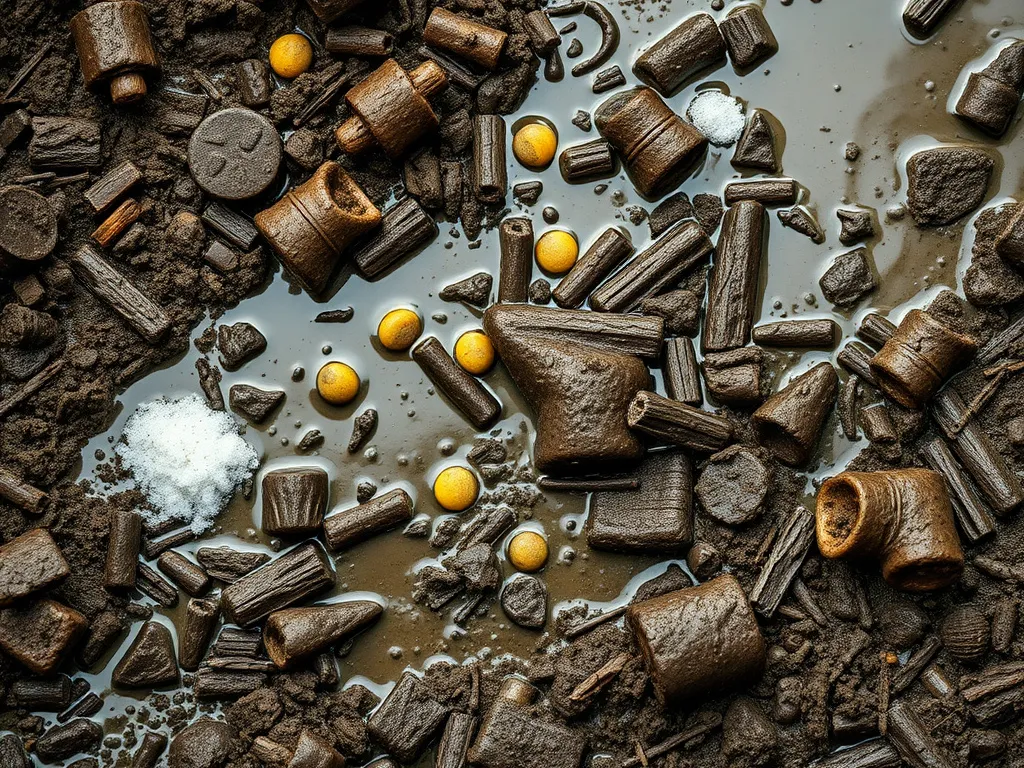 Drilling mud with contaminants like cuttings, salts, hydrocarbons, and chemical additives, photorealistic, high detail, expert lighting, industrial waste environment