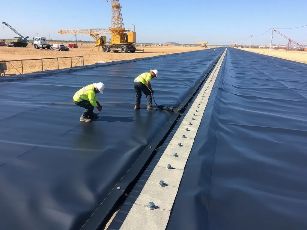HDPE geomembrane liner installation in oil and gas setting, workers ensuring seam integrity, maintenance activities, real-world setting, construction quality assurance
