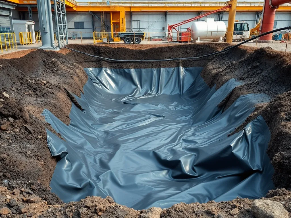 Photorealistic oil and gas mud pit with geomembrane liners, high quality, HDPE and LLDPE materials scene, industrial setting, modern engineering, environmental protection concept