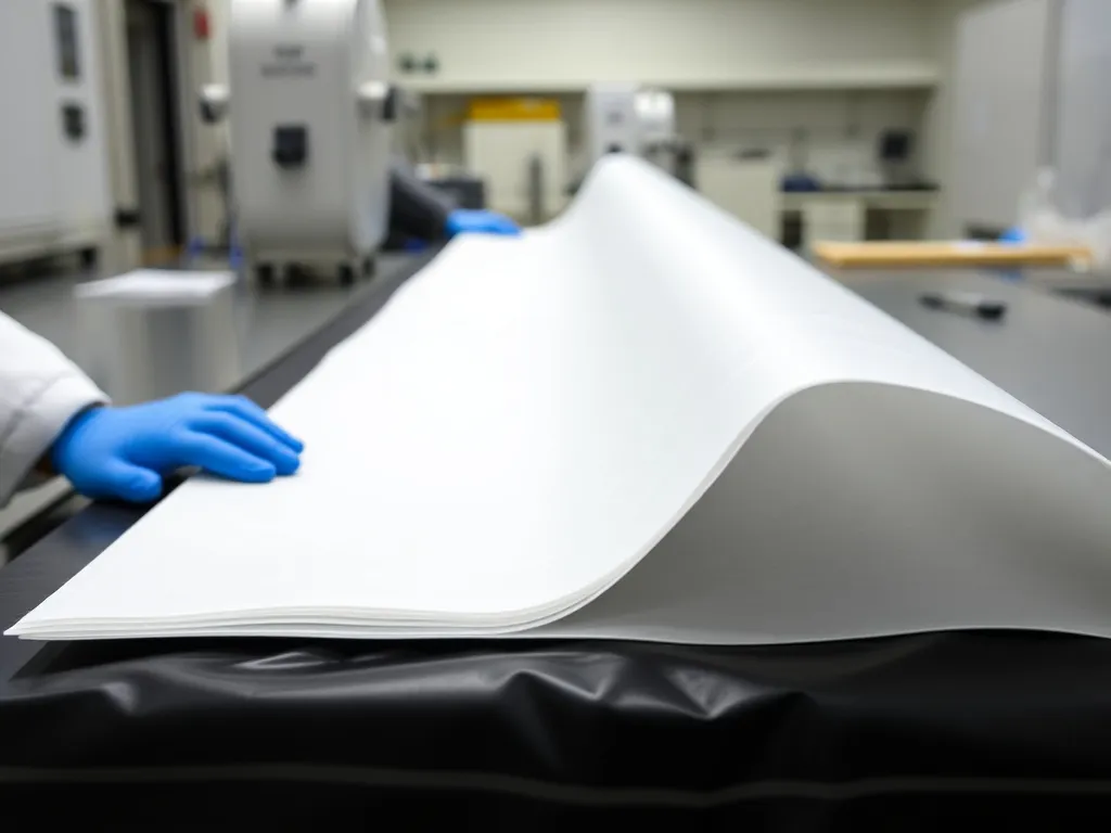 ASTM testing on HDPE geomembranes, laboratory setting, close-up, detailed, focus on tear resistance testing, professional and clinical environment