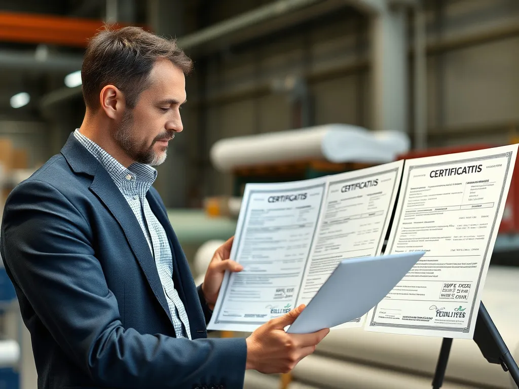 Buyer examining certifications and test results for HDPE geomembranes, professional setting, detailed, photorealistic, business attire, focused expression
