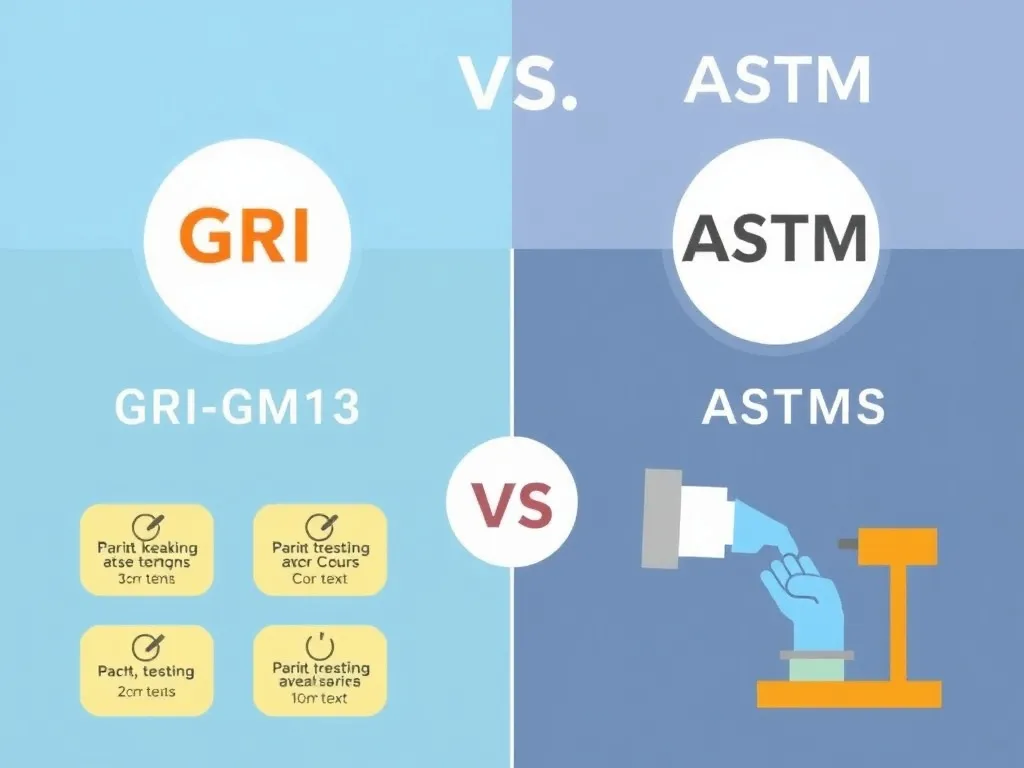 Comparative concept of GRI-GM13 and ASTM standards, dual imagery representing quality assurance and testing methodologies, infographic style without text