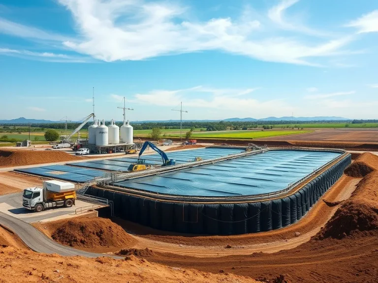 Industries using HDPE geomembranes, showcasing containment and environmental safety, photorealistic, high quality, professional lighting, wide landscape view, construction or agriculture setting