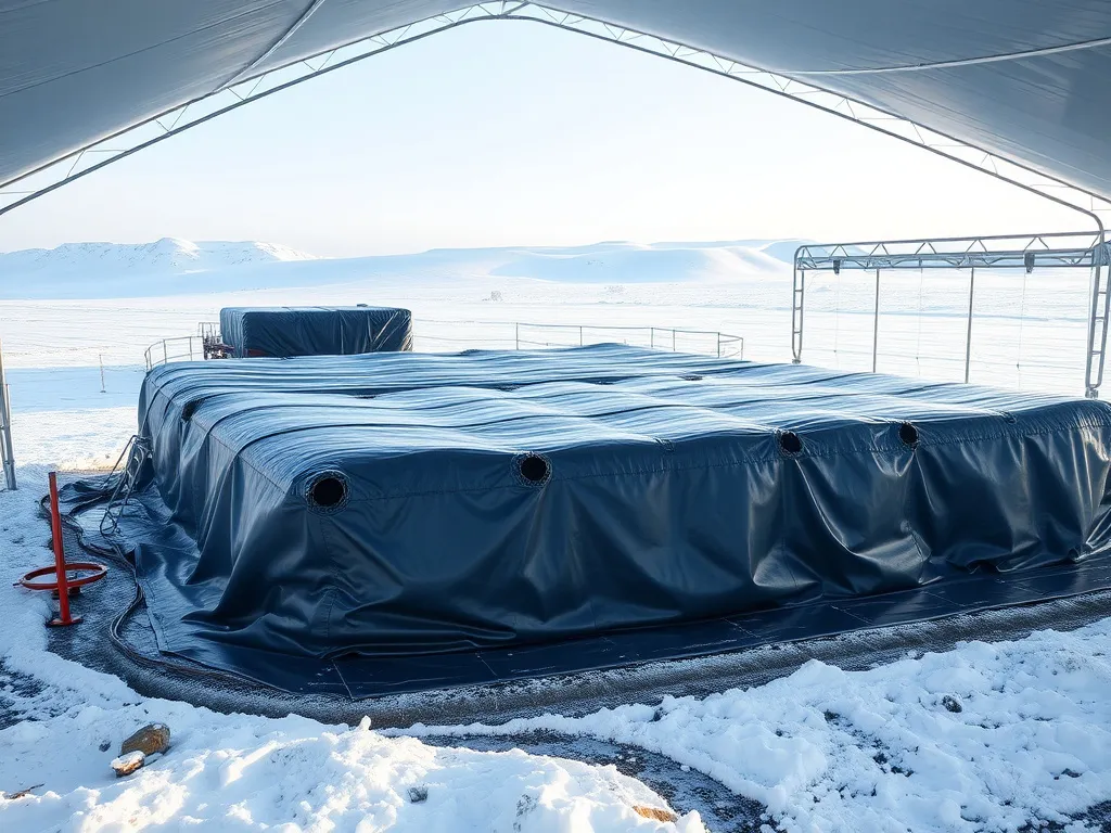 An Arctic construction setup with LLDPE geomembrane installation under a heated shelter, frost-covered landscape, and controlled environment for seaming, photorealistic, high-resolution, natural light depiction