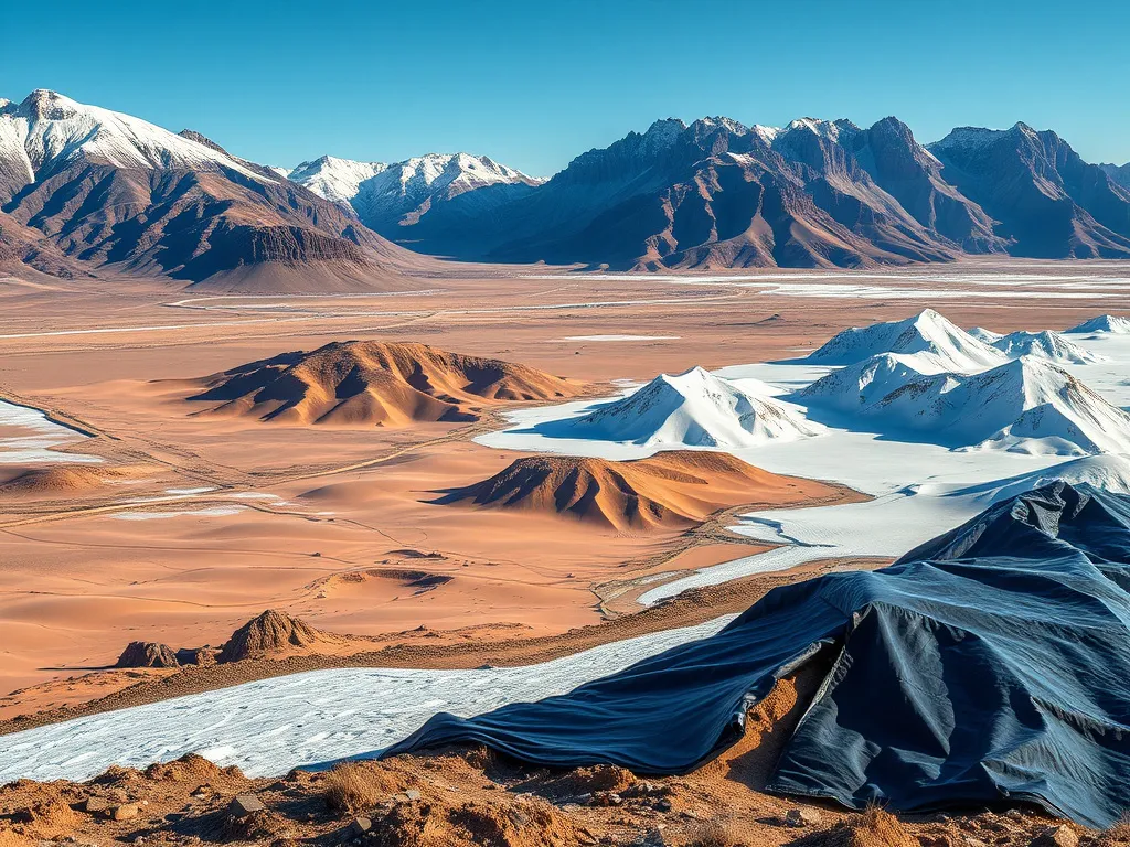 A landscape showcasing various extreme climate environments such as deserts, arctic regions, and high-altitude areas, with an overlay of high-quality, durable geomembrane sheets in use, photorealistic, high-quality lighting, and professional photography.