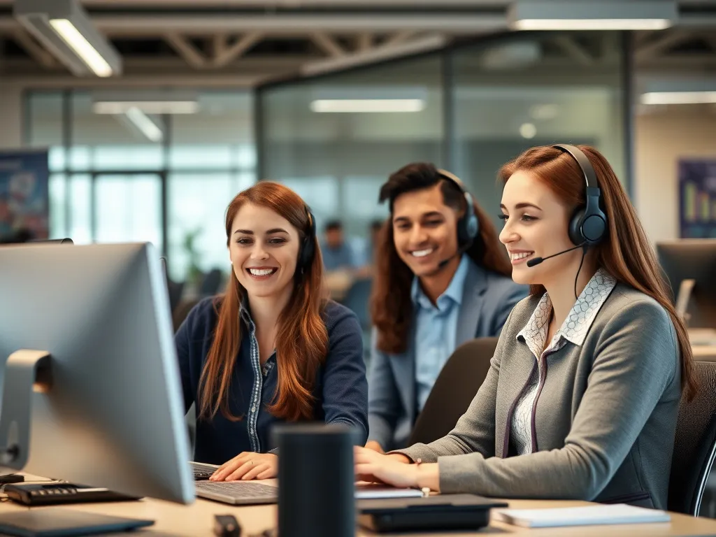 Customer service interaction in an office setting, showcasing technical expertise and support, high quality, professional lighting, friendly atmosphere