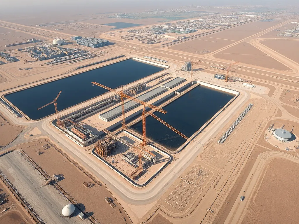 Aerial view of a mega construction project in Saudi Arabia using HDPE geomembranes, depicting industrial growth and integration into new developments, photorealistic, capturing grand scale and modern technology