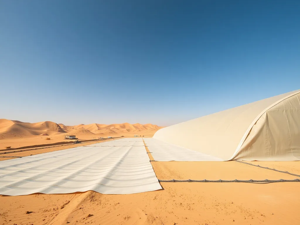An expansive view of industrial HDPE geomembrane sheets installed in a Saudi Arabian desert landscape, showcasing their use in construction and environmental protection, photorealistic, high detail, reflecting modern sustainable practices