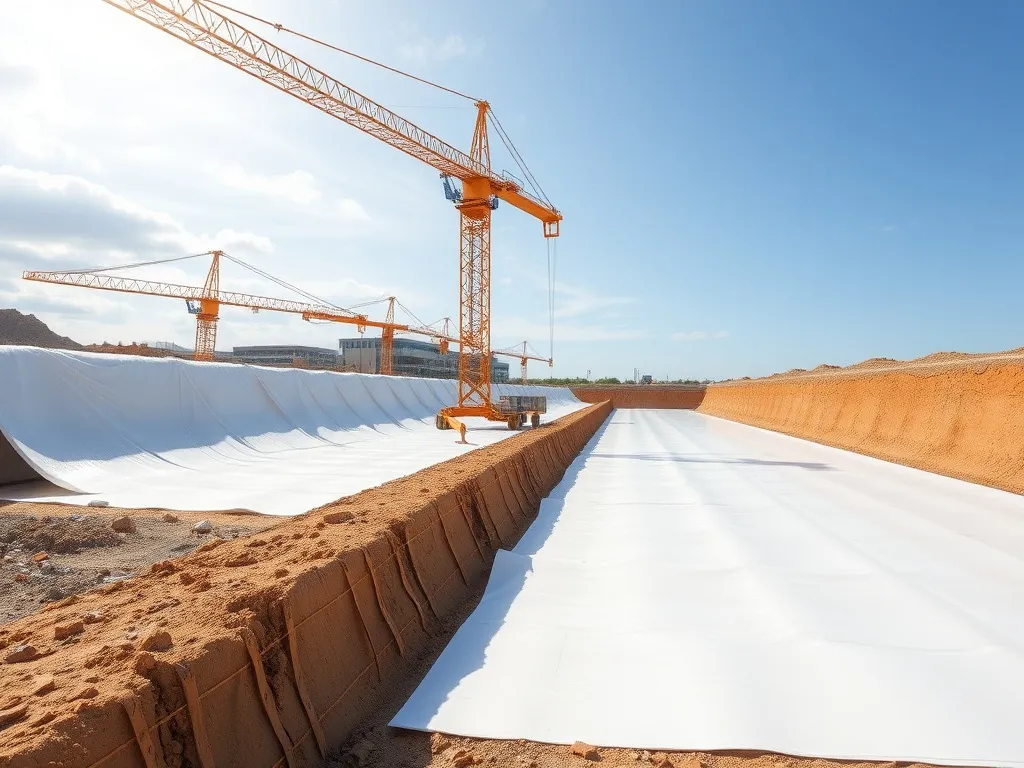 Illustration of a construction site using HDPE sheets for geomembranes, focused on their installation in large infrastructure projects, depicting UV and weather resistance, detailed and professional lighting
