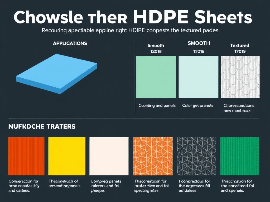 A detailed infographic on choosing the right HDPE sheets according to applications and grades, featuring smooth vs. textured panels, various colors and thicknesses, for construction and industrial uses, modern and minimalistic design