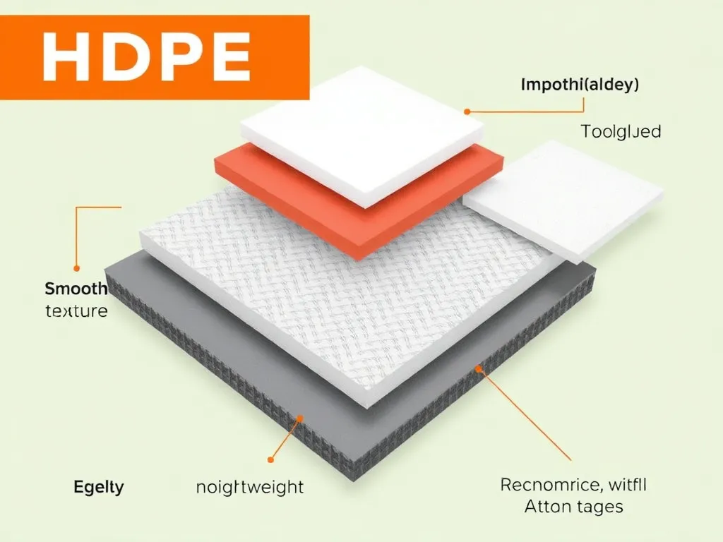 Visual representation of various types of HDPE sheets (smooth, textured) with annotations of their features: toughness, environmental resistance, lightweight, and economical advantages, high quality, clear and professional