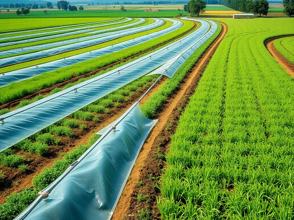 Agricultural scene using LLDPE liners, showing irrigation systems in fields, emphasizing adaptability and water conservation, photorealistic, vibrant colors.
