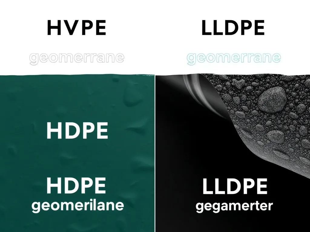 A comparison visual depicting HDPE geomembrane on the left and LLDPE geomembrane on the right. Each section contains text-free visual elements symbolizing properties: HDPE with textures suggesting durability and rigidity, LLDPE with textures representing flexibility and adaptability, high quality, split-screen style.