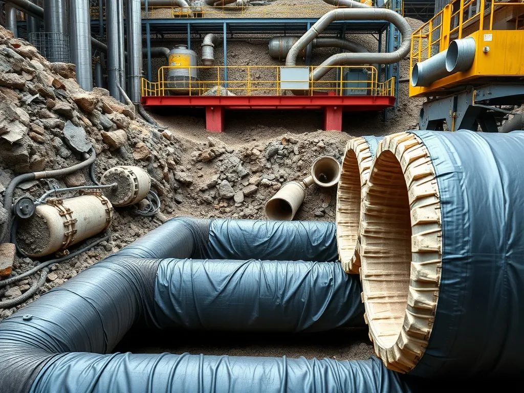 Industrial setting with HDPE liners in a mining operation, showcasing their use in chemical-resistant, harsh environments, detailed, high quality.