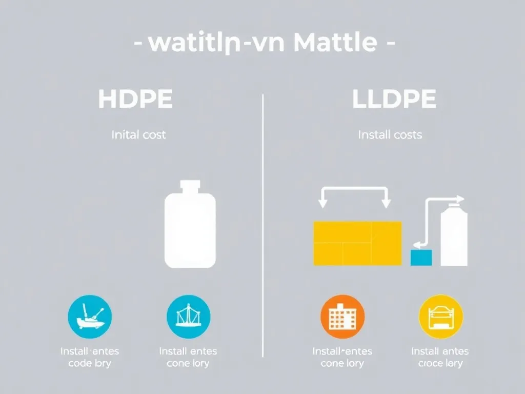 Infographic style visual without text showing the cost comparison of HDPE and LLDPE, illustrating different aspects like initial and installation costs, professional style.