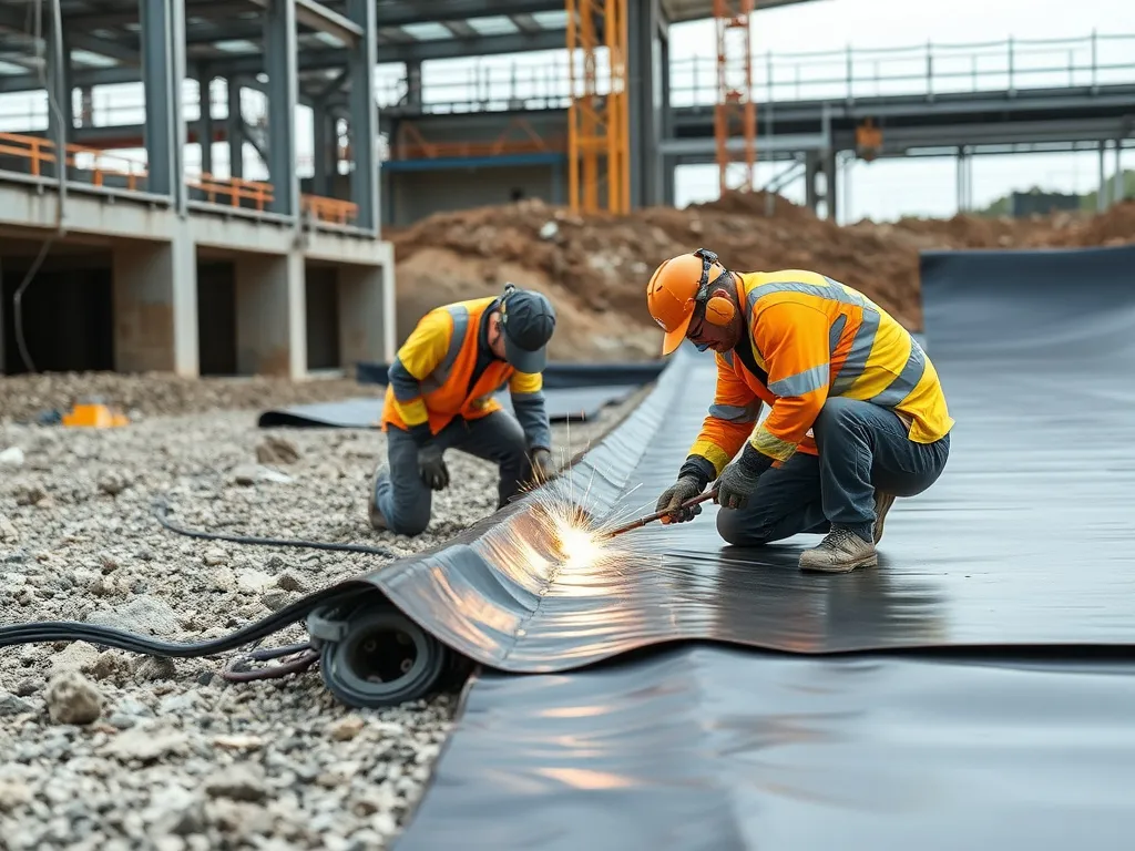 Professional installation of HDPE geomembranes in a construction site, showing skilled technicians welding seams, detailed, process-focused scene.