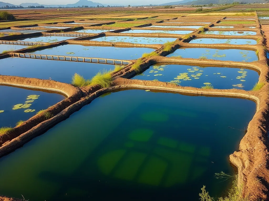 A scenic view of aquaculture ponds lined with LLDPE, capturing the natural contours and environment-friendly application methods, high quality, serene setting.