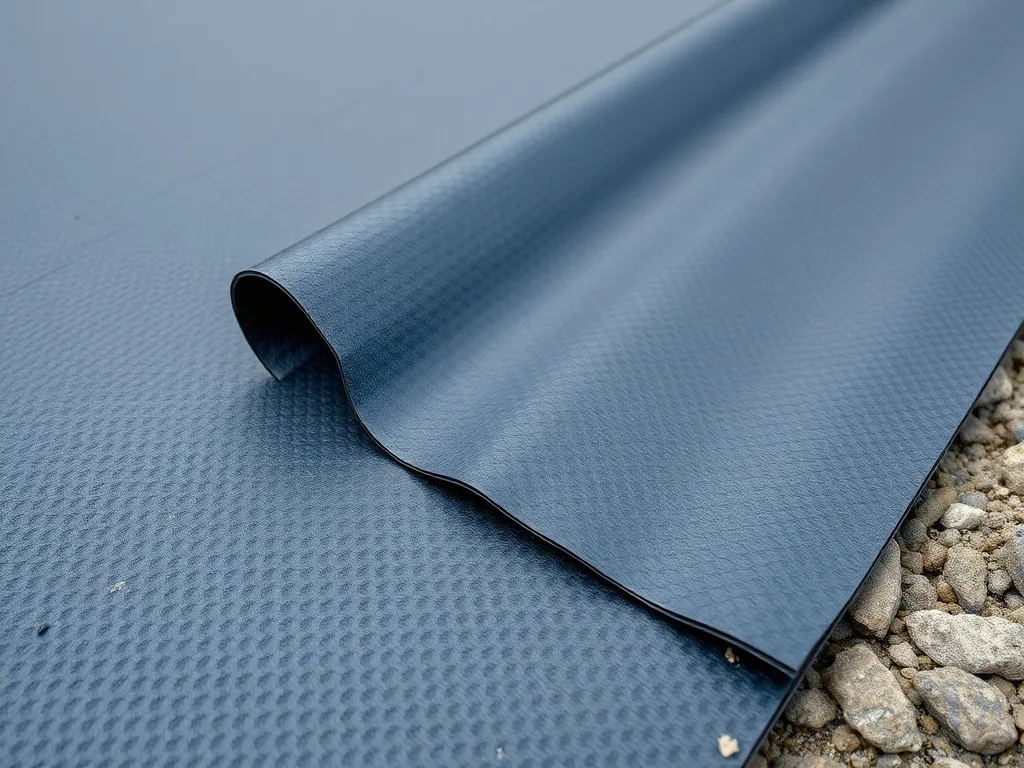 Close-up of HDPE geomembrane with surface texturing for enhanced friction, photorealistic, high detail, in a construction setting