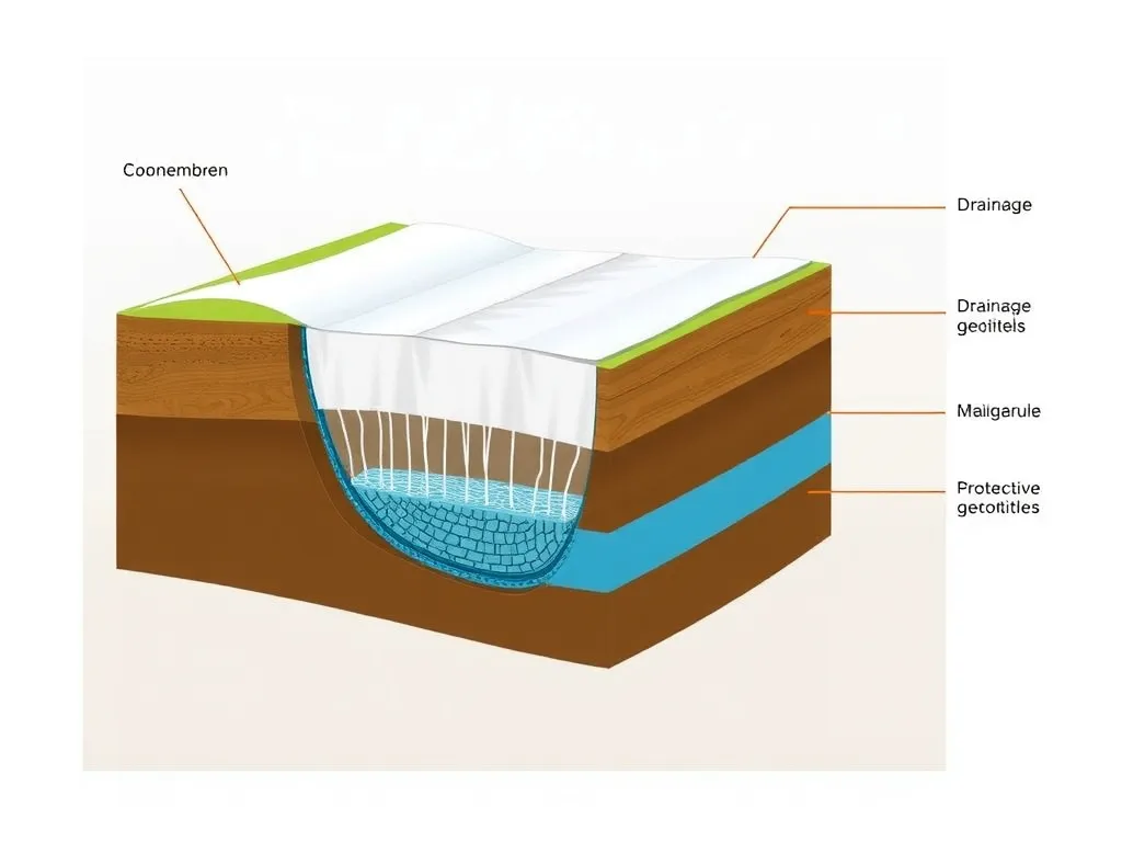 Conceptual design illustration of an integrated geomembrane system featuring drainage layers and protective geotextiles, detailed, educational style