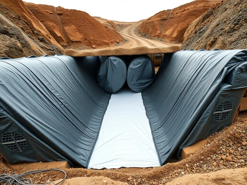 Geometric arrangement of installed HDPE geomembranes in a mining operation, showcasing their use in containing chemicals, professional photography style