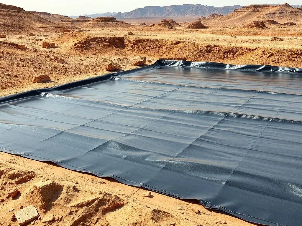 High-density polyethylene geomembrane in a rugged desert environment, photorealistic, high quality, natural lighting, showcasing resilience against harsh climates