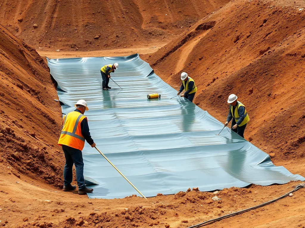 Professional installation team working on HDPE geomembrane placement in a landfill setting, high quality visual, modern engineering approach