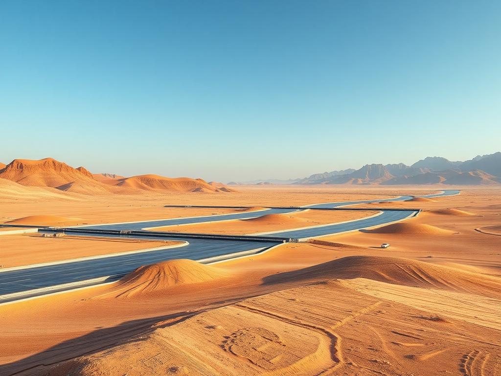 Photorealistic image of a desert landscape with advanced geomembrane applications, showcasing innovative infrastructure technologies in an arid environment, high quality, with professional lighting.