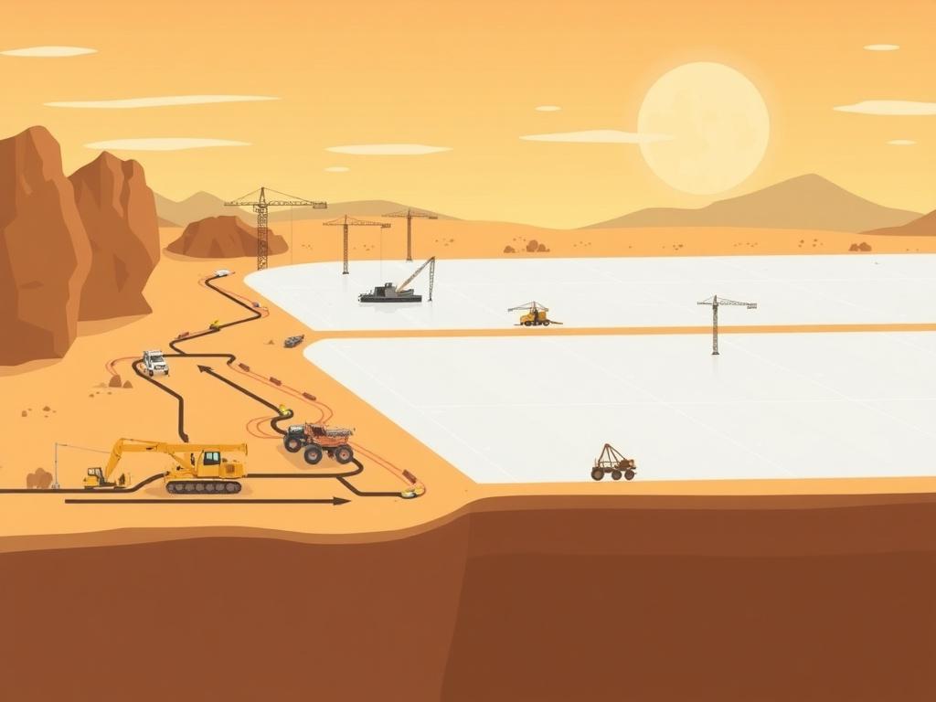 Illustration of complex infrastructure regulation compliance process in a desert setting, depicting construction work with focus on geomembrane applications.
