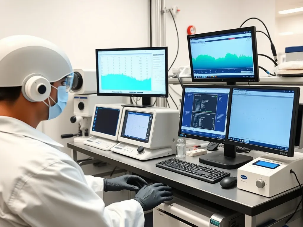 Analyzer monitoring data from post-immersion geomembrane samples using various instruments, photorealistic, professional laboratory environment.
