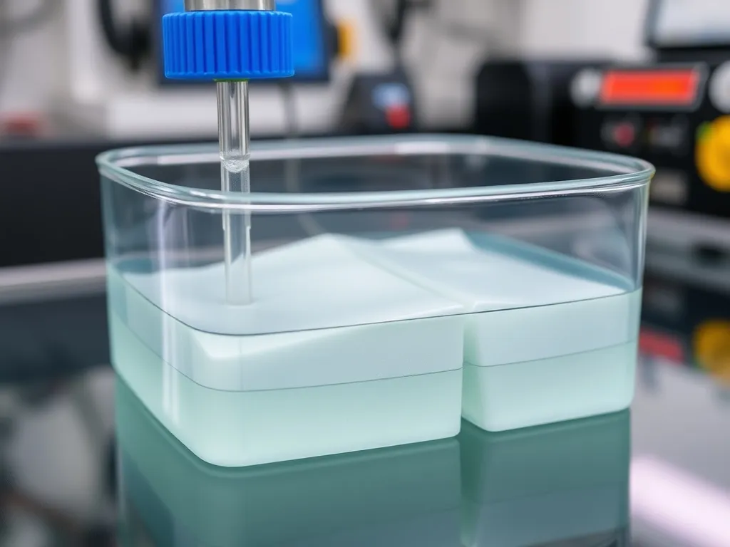 Geomembrane samples partially submerged in a liquid for an immersion test, detailed close-up, high quality, modern laboratory setup, photorealistic.