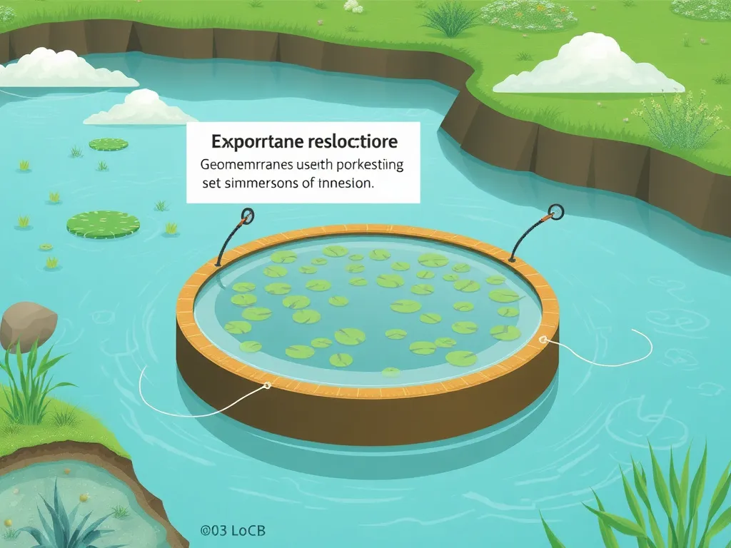 Illustration of an aquaculture environment with focus on geomembranes used in ponds, highlighting the importance of immersion testing, photorealistic.