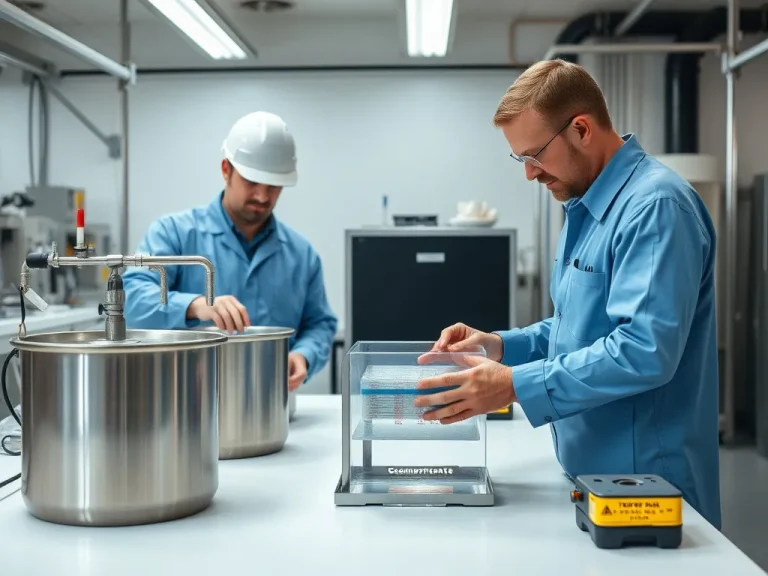 A professional scene depicting engineers conducting an immersion test on geomembrane samples in a laboratory setting, with stainless steel containers and controlled temperature setup, high quality, well-lit, photorealistic.