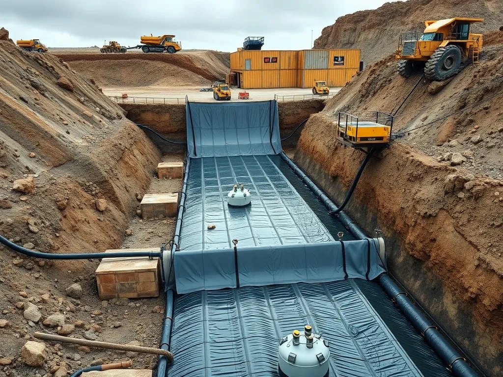 Image showcasing mining operations with visible geomembrane installations, demonstrating durability against harsh chemical environments, photorealistic.
