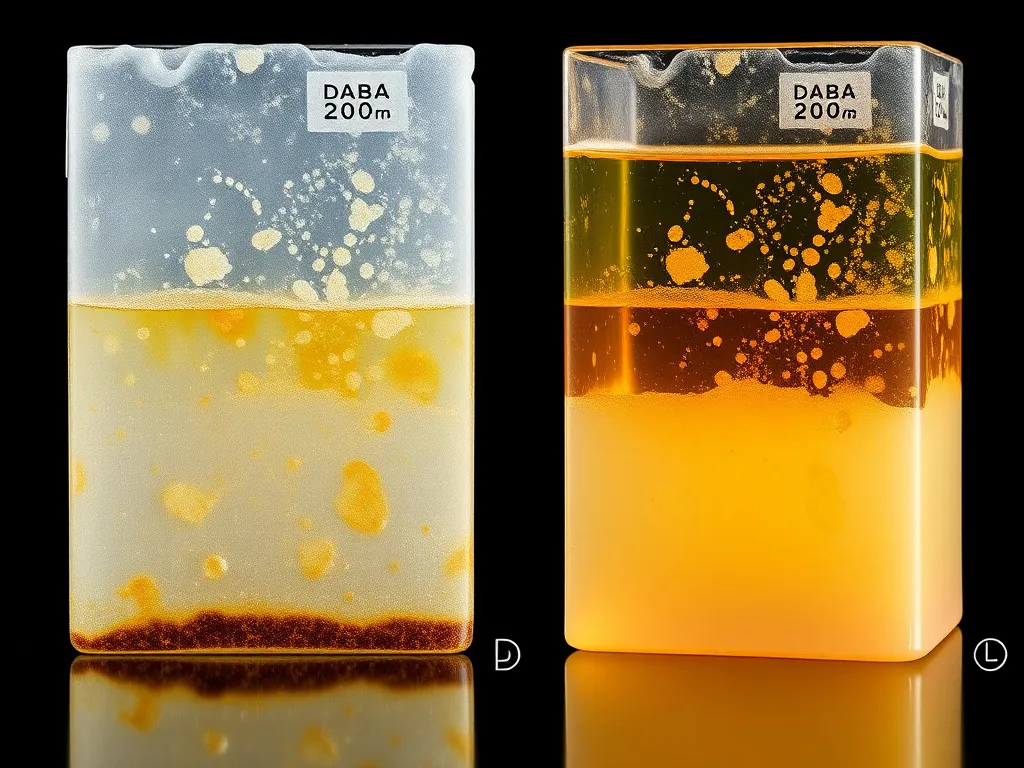 Side-by-side comparison of geomembrane samples showing effects of immersion testing under varying chemical conditions, high detail, photorealistic.