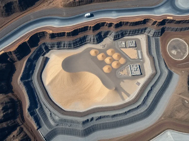 Aerial view of a heap leaching pad in a mining operation, showcasing large-scale mineral extraction with HDPE geomembrane liners, photorealistic, high quality, professional photography