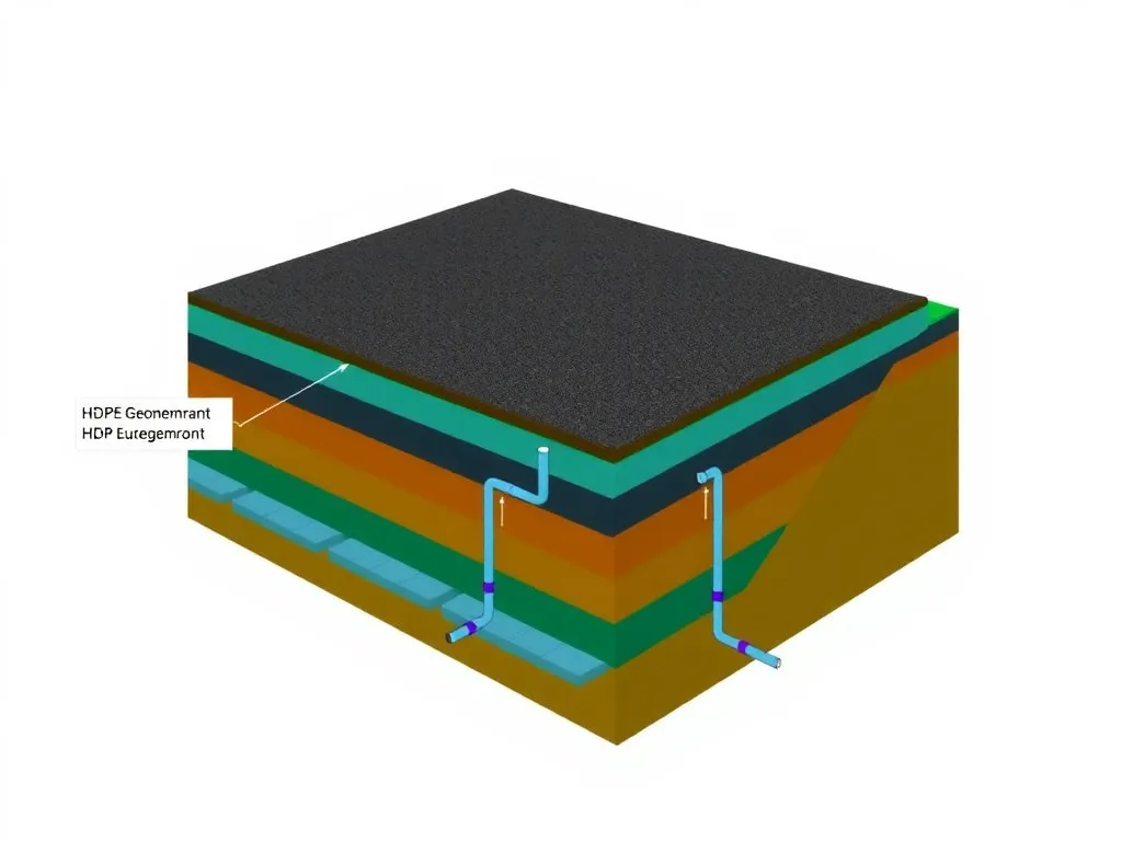 Detailed cross-section diagram of a heap leaching pad, illustrating layers of ore, HDPE geomembrane, and drainage system, colorful, technical illustration