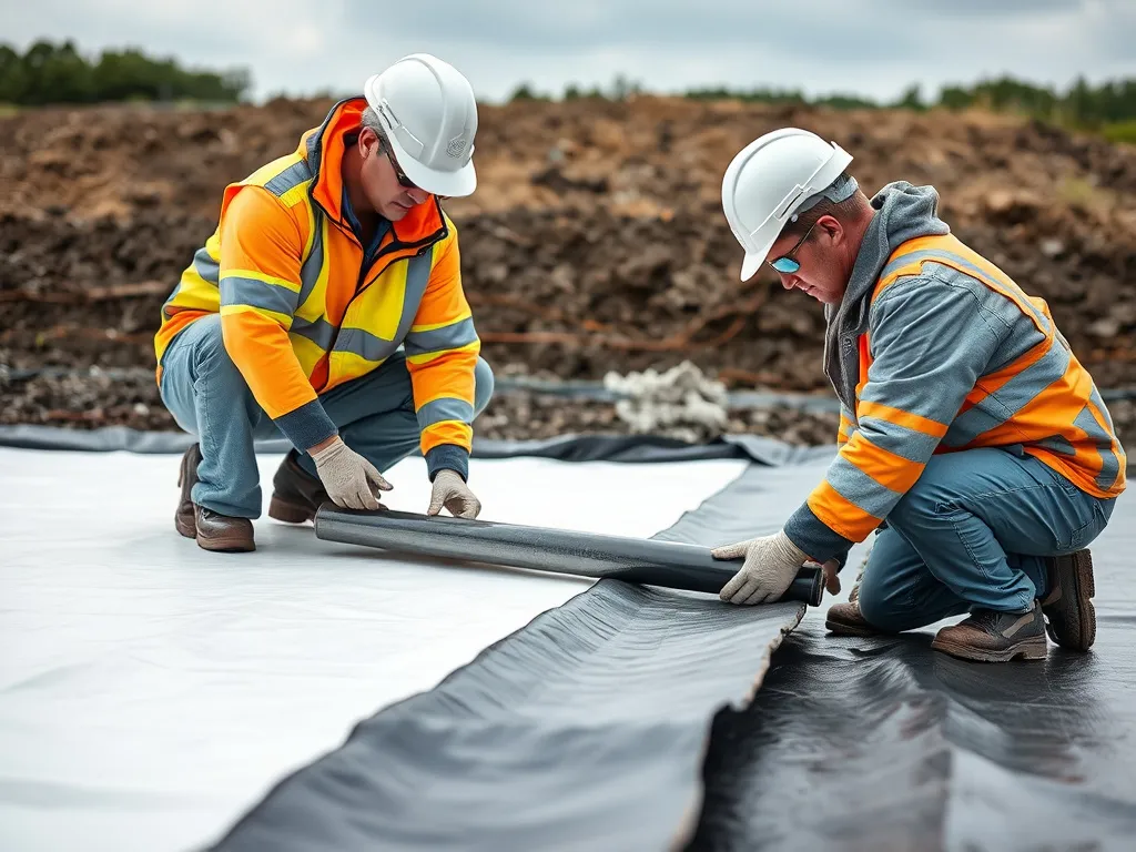 Technicians inspecting and installing HDPE geomembranes on a leach pad, focusing on seam bonding and quality assurance, action shot, professional documentary style