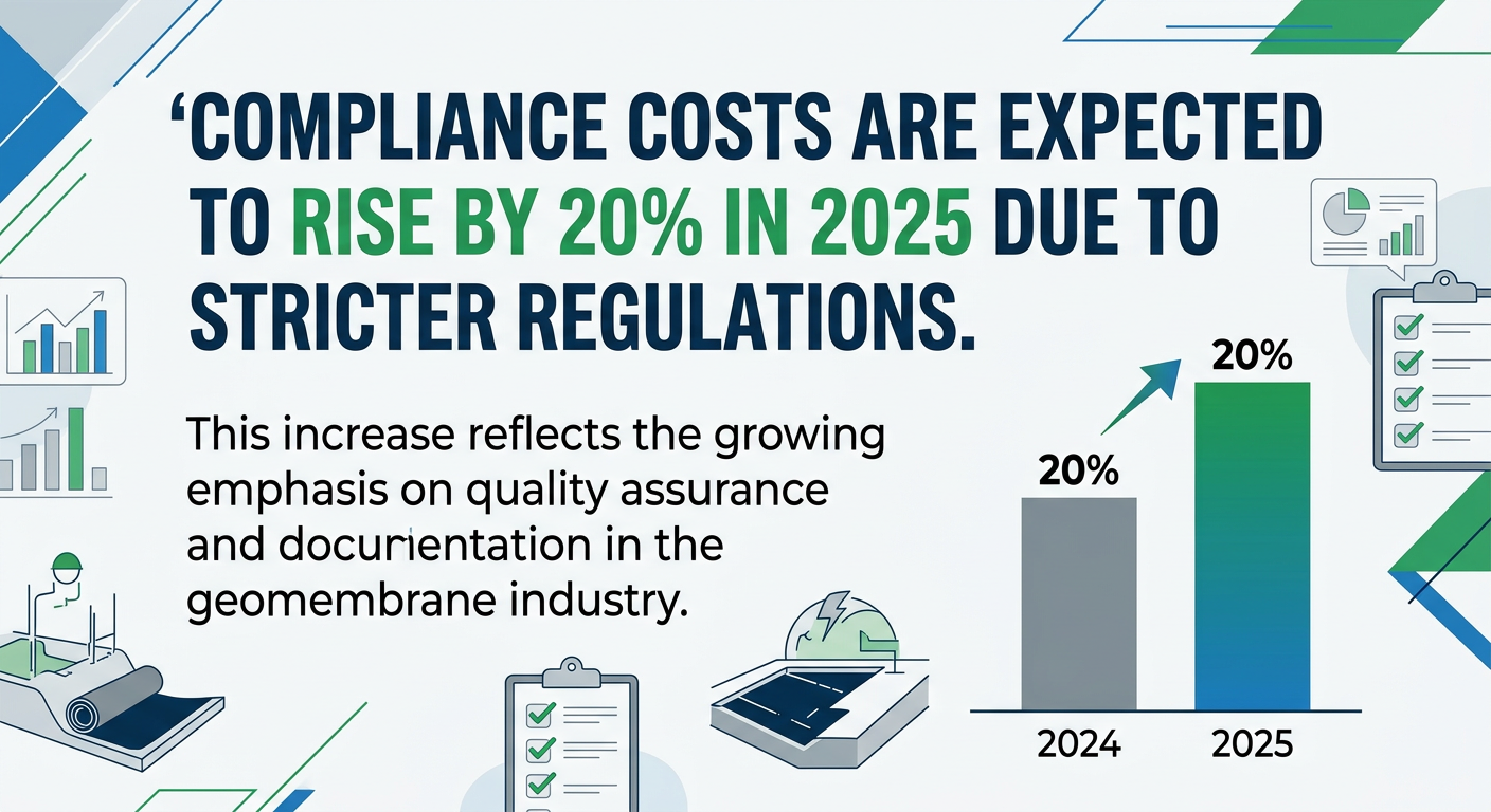 Bold statistic highlighting the projected increase in compliance costs for geomembrane projects: 'Compliance costs are expected to rise by 20% in 2025 due to stricter regulations.' Include a brief context: 'This increase reflects the growing emphasis on quality assurance and documentation in the geomembrane industry.' Use a modern clean design with a professional color palette, ensuring that the statistic is prominently displayed.