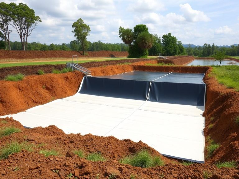 High-quality geomembrane installation in an environmental protection project, laying of durable HDPE sheets, photorealistic, detailed, vibrant colors, environmental landscape