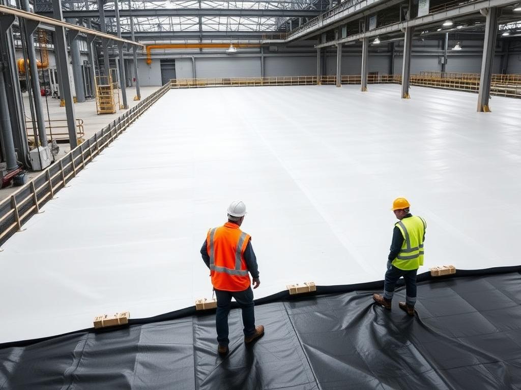 Industrial facility with geomembrane installation for liquid containment, workers in protective gear ensuring proper placement, professional photography, high contrast