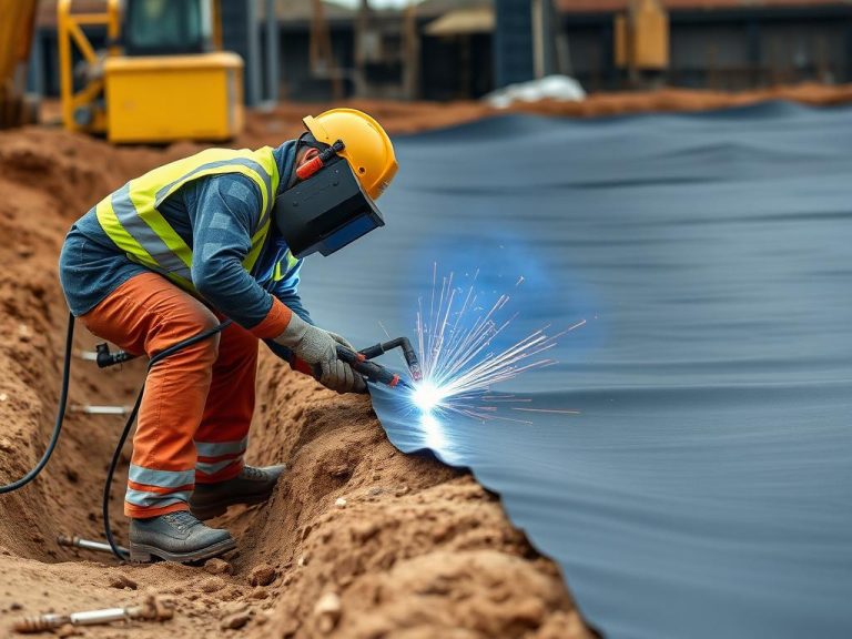 Workers welding HDPE geomembrane seams with specialized equipment over an excavated site, showing precision and care in installation, photorealistic, industrial background, no text