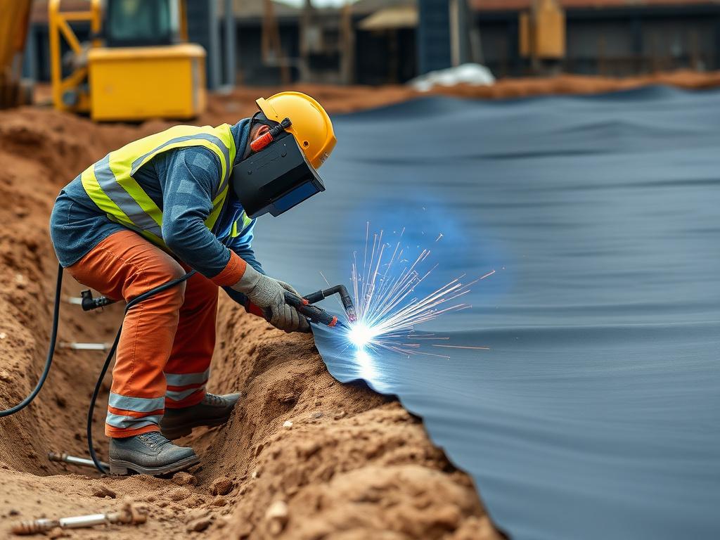 Workers welding HDPE geomembrane seams with specialized equipment over an excavated site, showing precision and care in installation, photorealistic, industrial background, no text