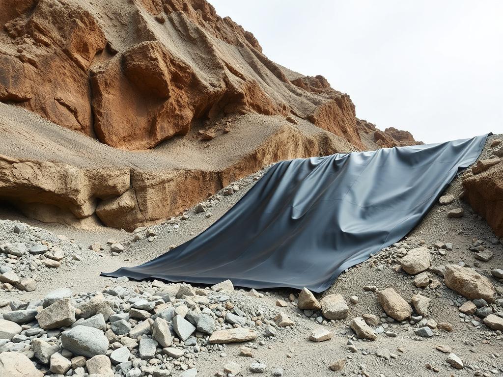 Mining environment with rocky terrain, highlighting heavy-duty geomembrane withstanding abrasive conditions