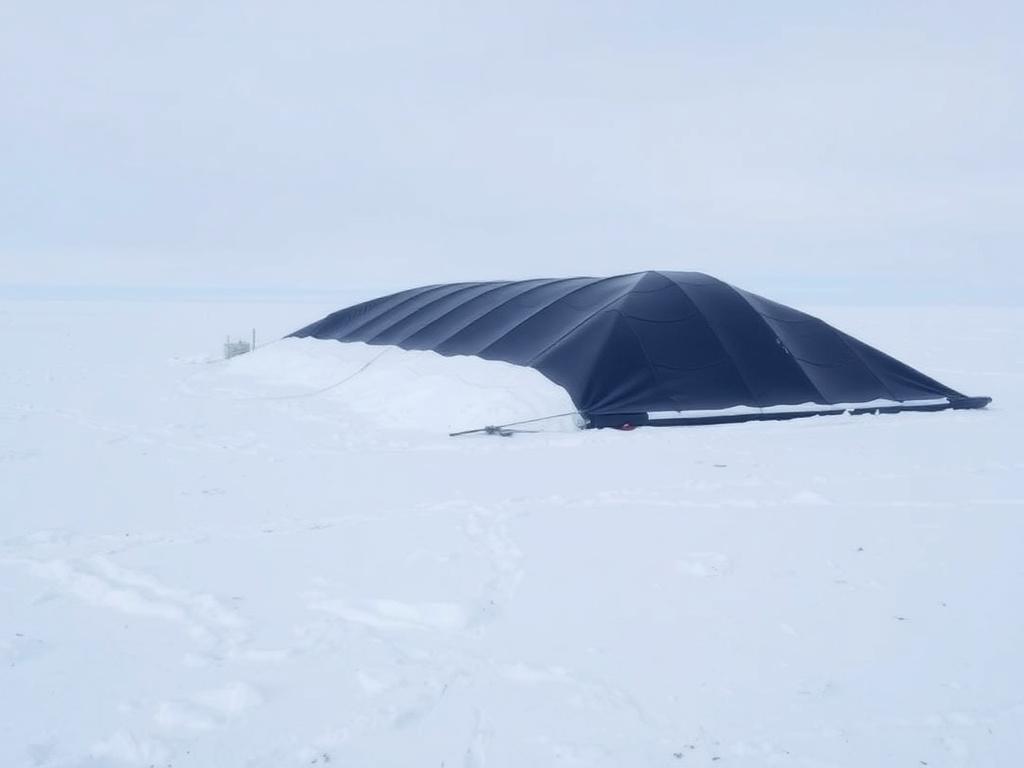 Scene depicting arctic conditions with geomembrane application, cold environment, snowy landscape