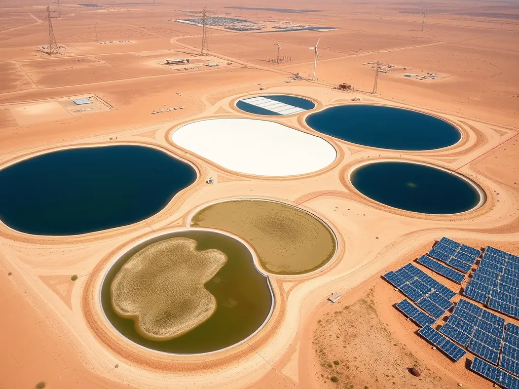 Aerial view of interconnected evaporation ponds with HDPE geomembranes, solar panels, and desert landscape indicating renewable energy use