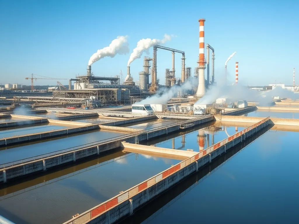 Chemical manufacturing facility featuring lined evaporation ponds for wastewater management with machinery and steam, photorealistic industrial scene