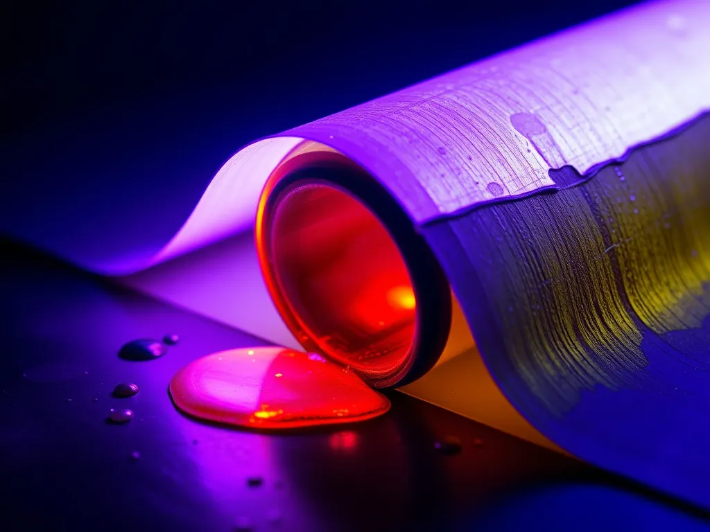 Close-up of HDPE geomembrane under ultraviolet light showing chemical resistance, with colored liquids demonstrating blocking of corrosive substances