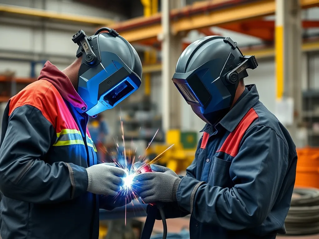 Certified welding technicians with precision tools and documentation, working with HDPE at an industrial site, professional photography